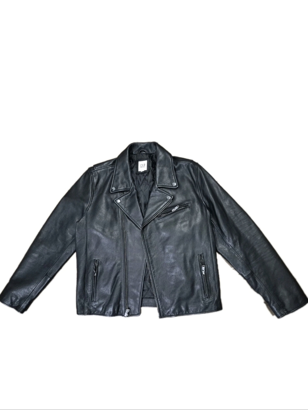 GAP Black Peebled Leather Biker Jacket Size L. - Picture 2 of 15